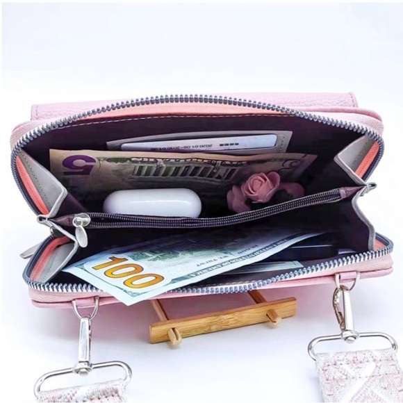 New!Camel Tan VEGAN LEATHER CROSSBODY DUO WALLET HANDBAG - Picture 7 of 7